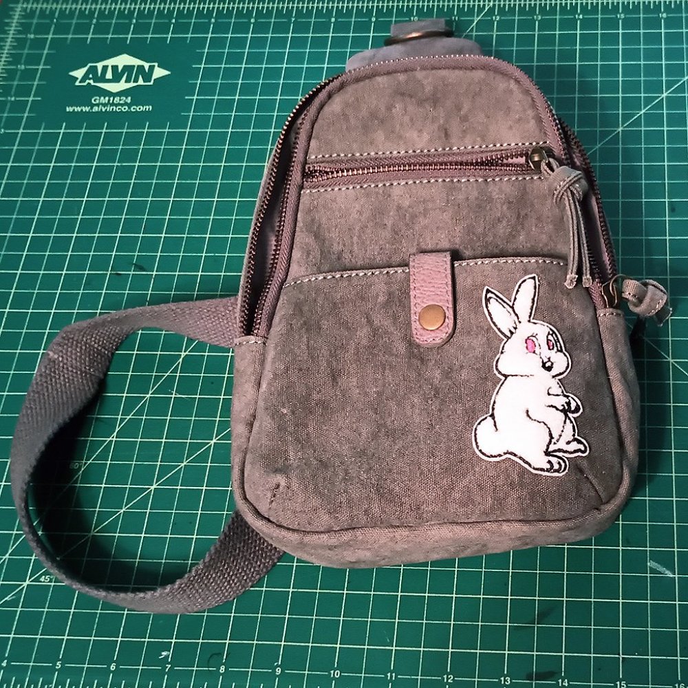 Gray canvas shoulder/crossbody bag with white chenille Bunny patch purse